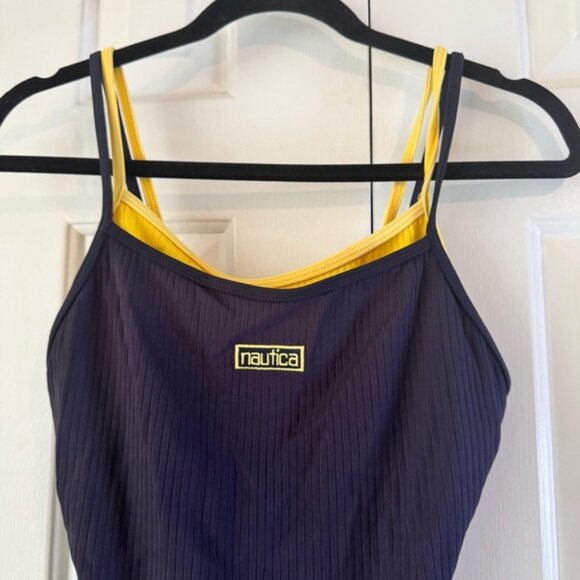 Nautica One-Piece Women’s Swimsuit Size 12 Navy with Yellow Trim Retro Logo - Picture 2 of 6